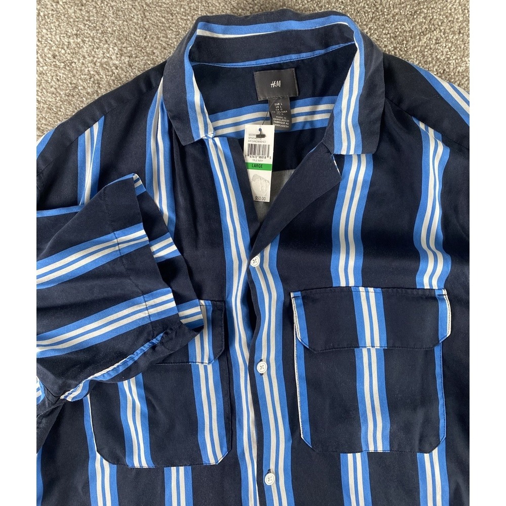 H&M Air Sandwashed True Navy Striped Shirt Mens L Lyocell Beach Light Preppy Y2K